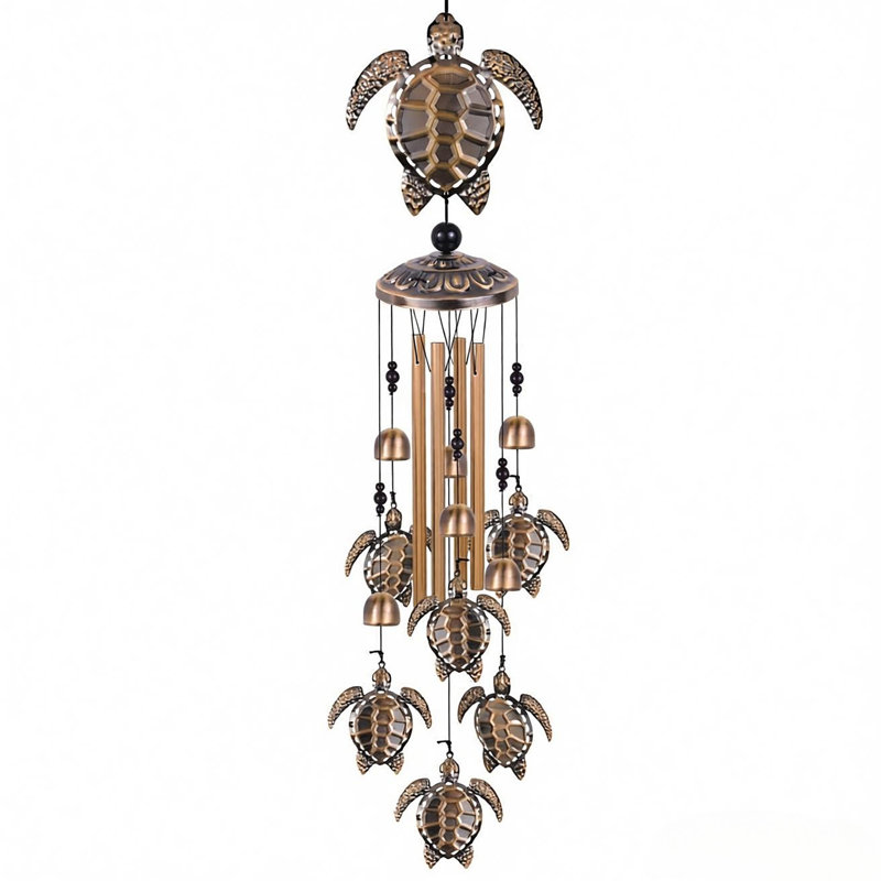 Carillon de tortue de mer au fini bronze avec tubes en métal et décorations pour l'intérieur et l'extérieur