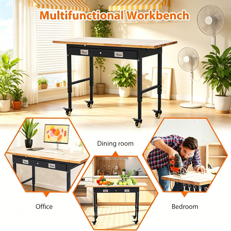 Établi réglable de 60 po x 20 po avec tiroir de rangement et roues verrouillables, table de travail en bois d'hévéa lourd d'une capacité de 2 000 lb, prises de courant intégrées pour le garage, le bureau et l'atelier.