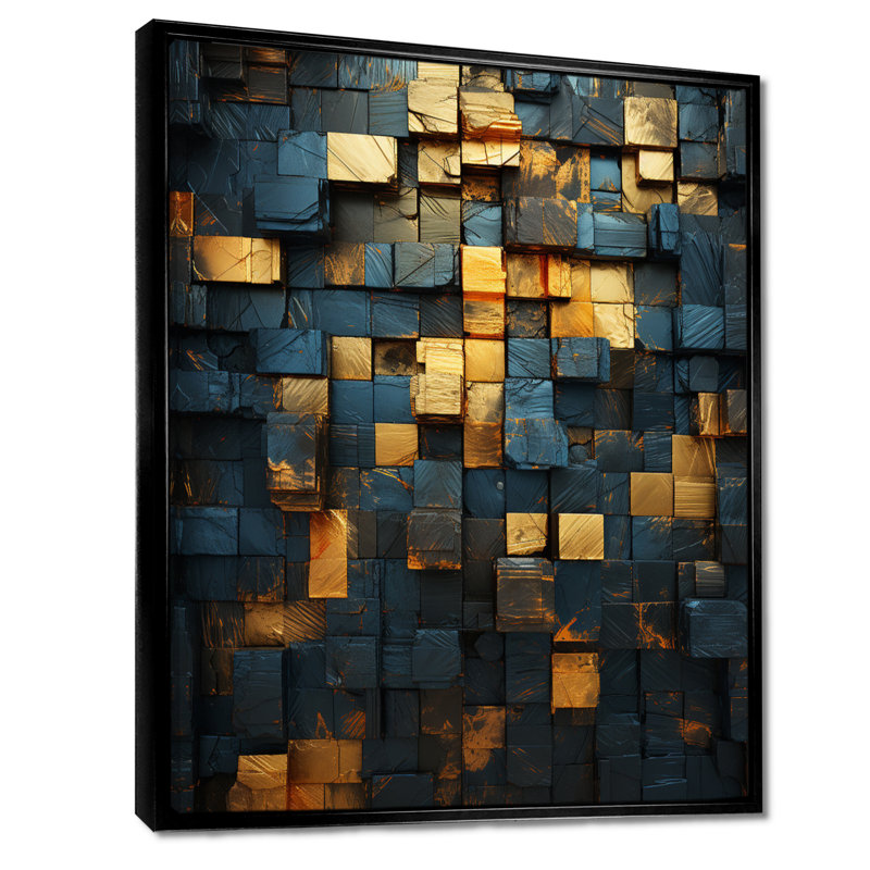 Grunge cubes dorés abstrait géométrique V - art mural abstrait, H 20 po x l 12 po x P 1 po, Cadre flottant noir