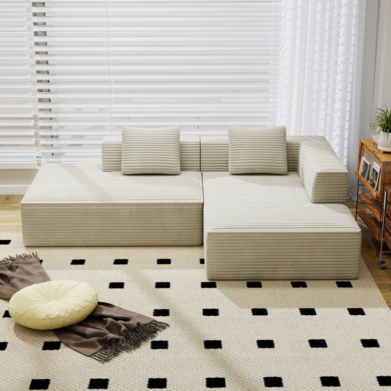 Boneless 90" Cloud Frameless Modular Sectional Sofa With Right Chaise Lounge - Modern Minimalist Corduroy Couch, Deep Seat & No Assembly Required