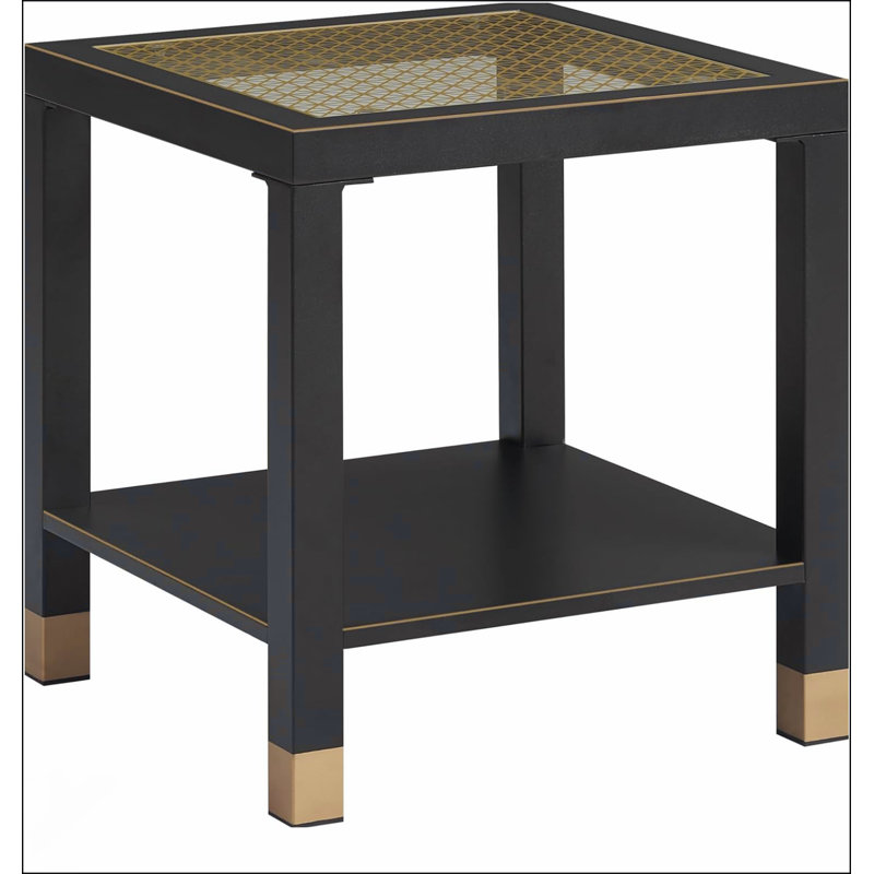 Boho Style Square Side Table With Shelf, Tempered Glass And Metal Frame For Living Room And Bedroom, 2-Tier Design