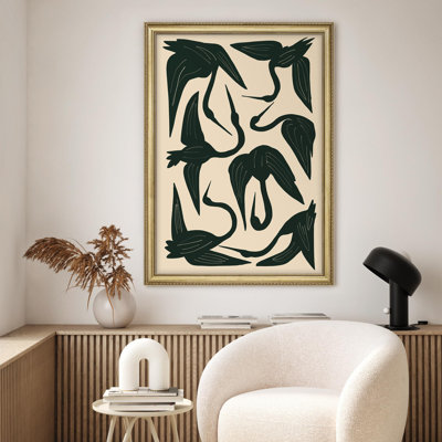 "Oiseaux abstraits minimalistes en vert foncé, illustrations impressionnistes, décoration murale encadrée dorée"