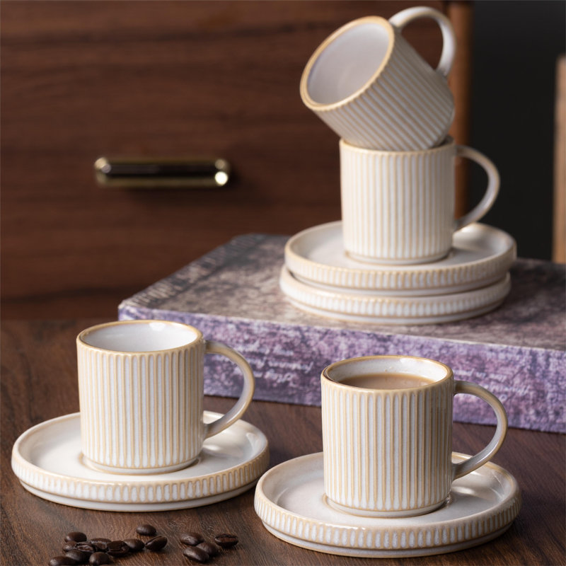 Ensemble de 4 tasses à espresso et soucoupes en grès (ensemble de 4), Blanc cappuccino