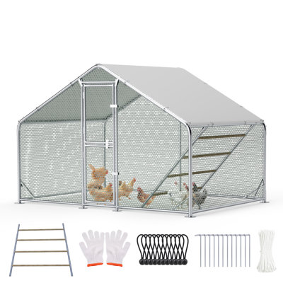Poulailler en métal 9,8 pi x P 6,5 pi, porte verrouillable et couvercle imperméable avec échelle de perchoir, cage à volaille extérieure pour poulets, canards et petits animaux
