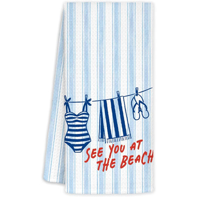 Serviettes de cuisine Blue Summer Beach, décor de petite-fille de bord de mer bleu, serviettes à vaisselle rayées décoratives «See You At The Beach» pour salle de bain, 16 x 24 po
