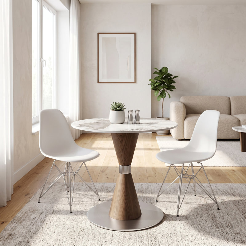 Table de bistro ronde pour salle à manger 31"/39"/43" pour 2 à 4 personnes, avec piètement en métal texturé pierre frittée et bois, idéale pour un coin repas ou une cuisine.