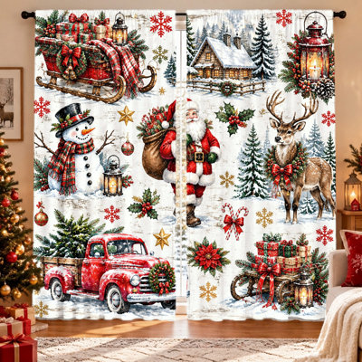 Lot de 2 rideaux à œillets occultants à motif vintage de camion, père Noël, bonhomme de neige et cerf, sur le thème de Noël, pour salon, chambre, balcon, cuisine et décoration de Noël.