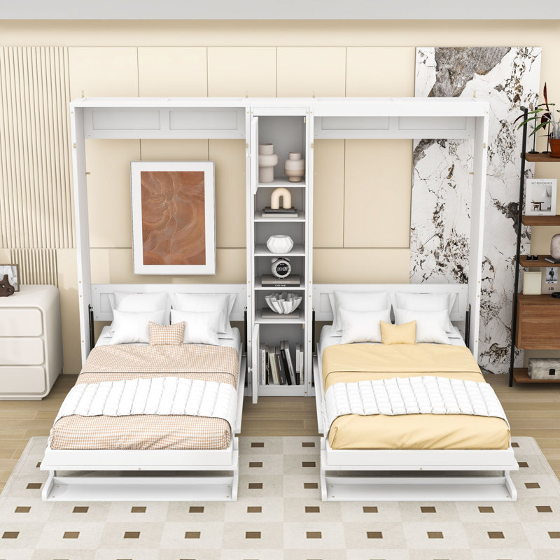 Lit escamotable double à double paroi avec armoires et tablettes intégrées, Blanc