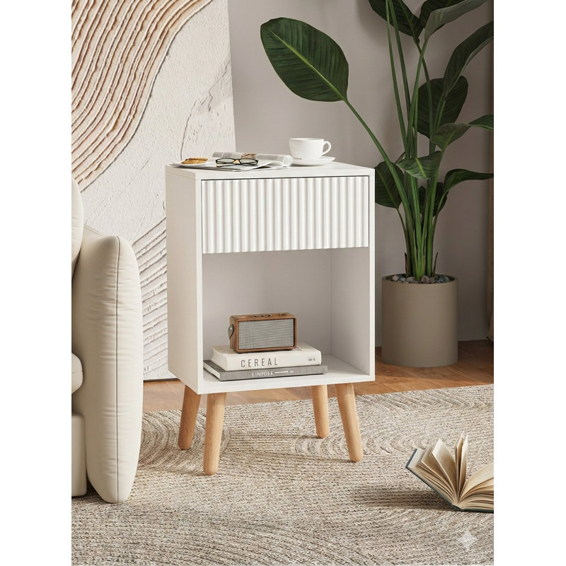 Mid-century Modern Fluted Nightstand, 1-drawer Bedside Table With Open Shelf And Solid Wood Legs, White/White