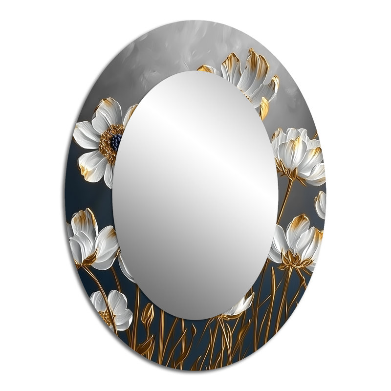 Cornflowers In White And Gold Tones III - Modern Oval Wall Mirror, 40" x 30"