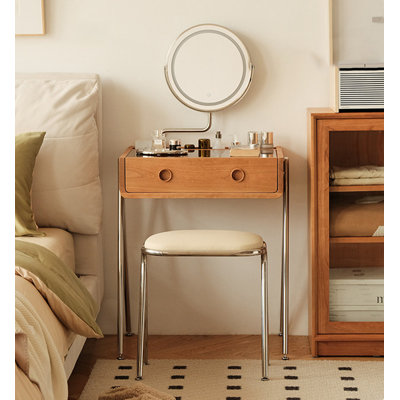 Coiffeuse de style milieu du siècle en bois massif avec miroir DEL pour petite chambre