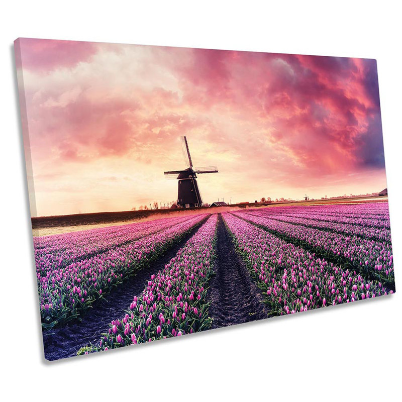 Windmill Pink Sunset Landscape Framed - Wrapped Canvas Print, 30.5cm H x 45.7cm W x 2cm D