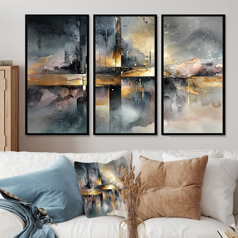 «Geometric Ink Pulse II - Constructivism», art mural - ensemble de 3, H 28 po x l 36 po, Noir