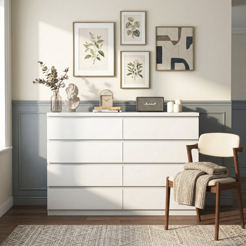 Commode blanche à 8 tiroirs en bois, grande commode moderne pour garde-robe de chambre à coucher