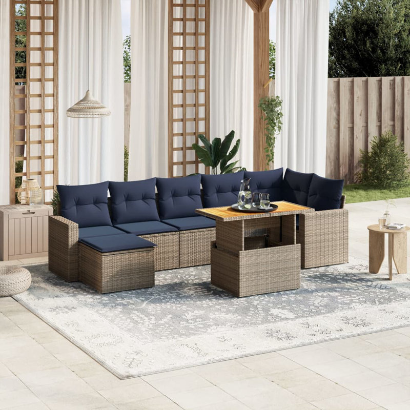 Ensemble de canapé de patio 8 pièces avec coussins en rotin de polyester, Gris, Marine
