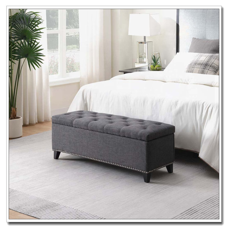 Banc de rangement en lin capitonné, Gris foncé