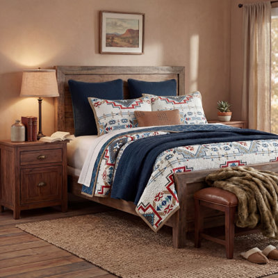 Spirit Valley Teal/Cream/Tan Aztec Print Cotton Southwestern Style Reversible Quilt Set