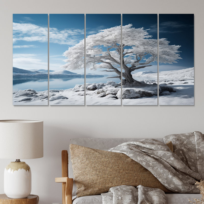 Monochromes bleus et blancs Winters Reflection II - paysage d'hiver, reproduction d'art sur toile - 5 panneaux égaux