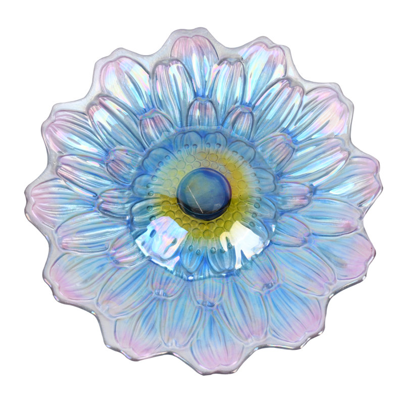 Solar Blue and Purple Glass Flower Bird Bath with Metal Stand