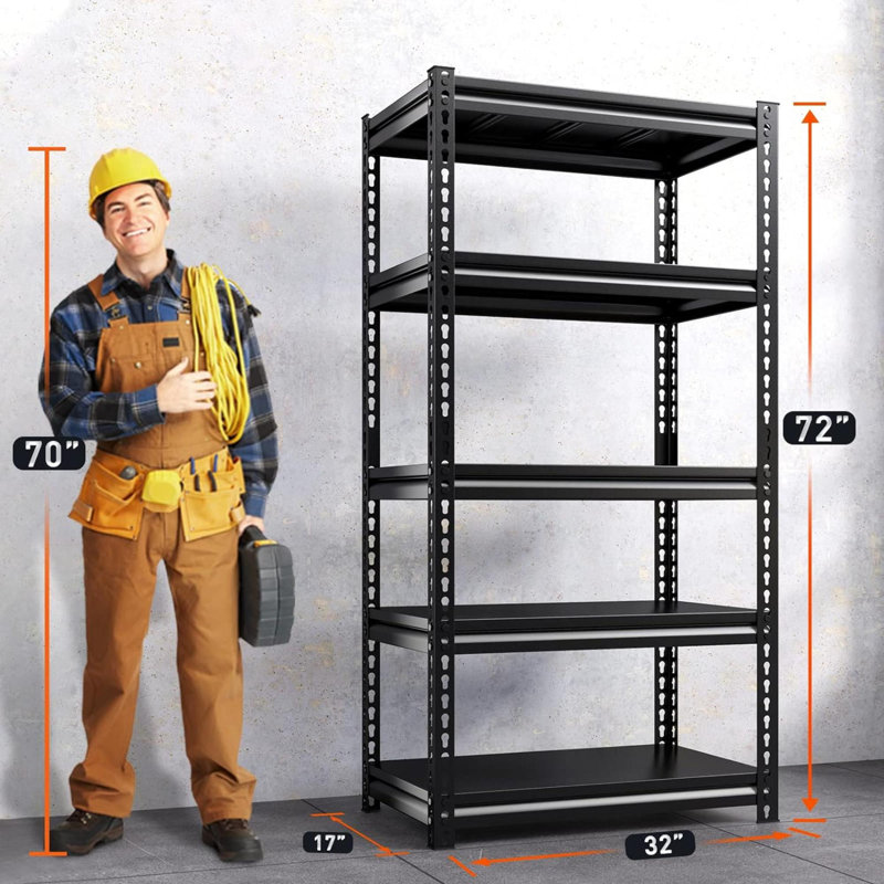 Metal Shelving Unit, 72" H x 32" W x 17" D, Black