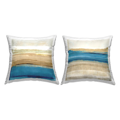 Coussin décoratif abstrait à imprimé paysage brun clair et bleu par Flora Kouta (ensemble de 2)