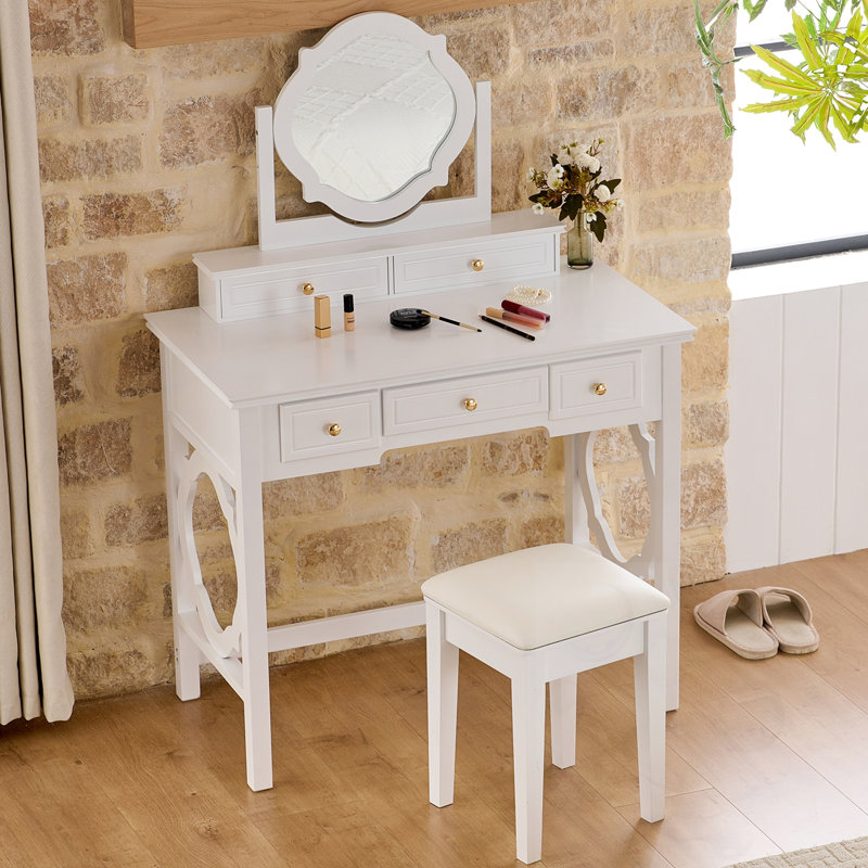 Makeup Vanity Table With Reversible Mirror And Stool