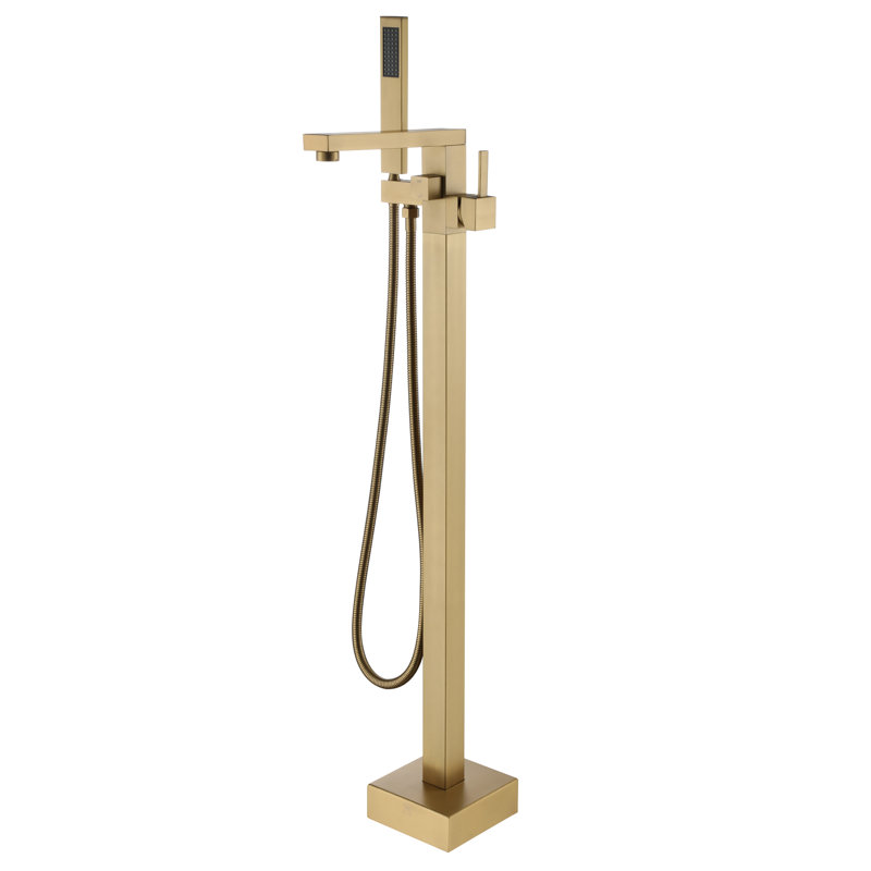 Robinet de baignoire autoportant monocommande à fixation au sol avec douche à main, Laiton brossé