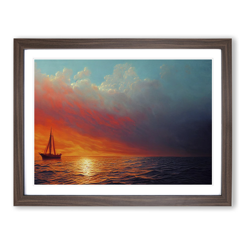 Boat At Sunset - Single Picture Frame Print, 25cm H x 34cm W x 2cm D, Walnut Framed