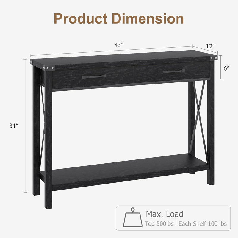 Console avec 2 tiroirs, table basse avec tablette de rangement, table d'appoint en bois, Noir, noir, noir, noir