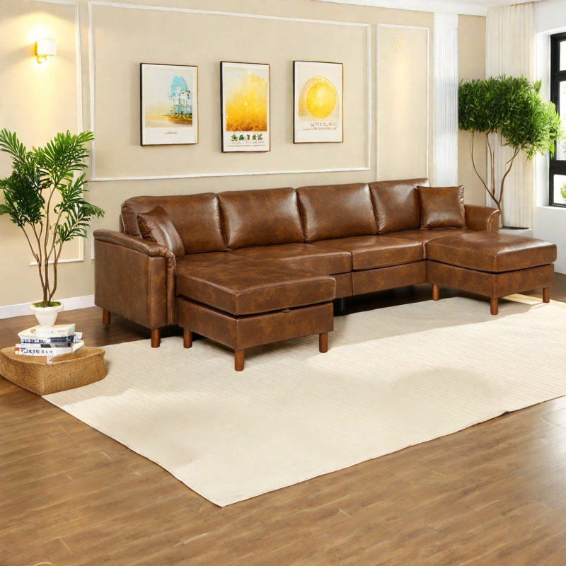 Sectionals with Storage, 120 Inch PU Leather Rustic Sofa for Family Home, Brown