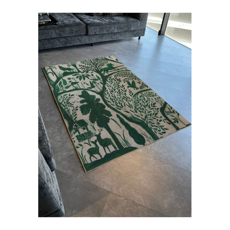 Tapis décoratif vert à motif de forêt et de loup, Sous-tapis rectangulaire de 3 pi 3 po x 4 pi 11 po