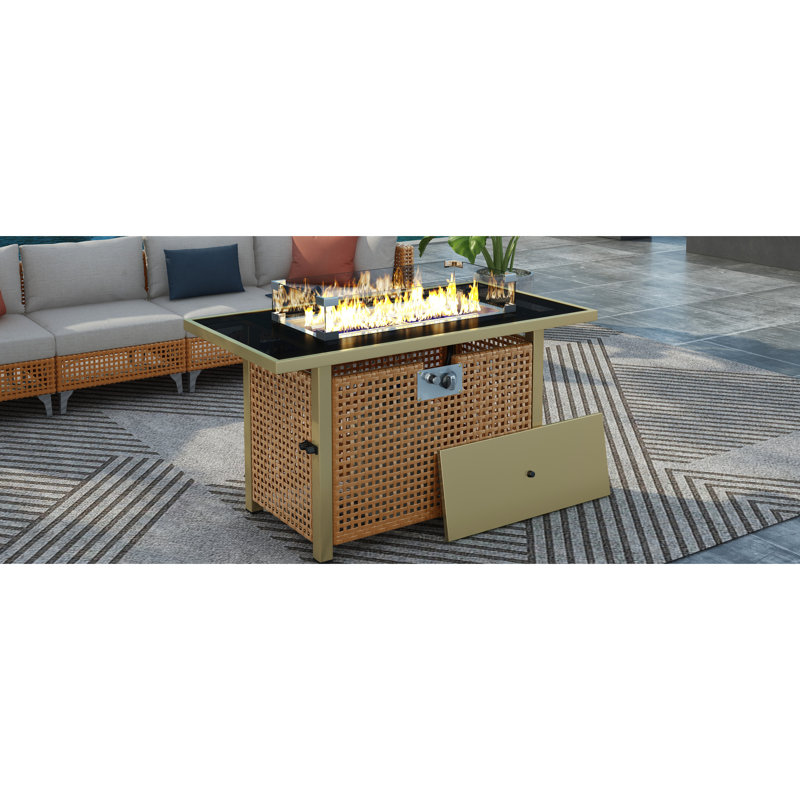 43" Rectangular Fire Pit Table With Glass Wind Guard, 60000 Propane Gas, Open Weave For Outdoor Patio Deck Garden - Orange & Mustard Yellow Table, , Guard Backyard