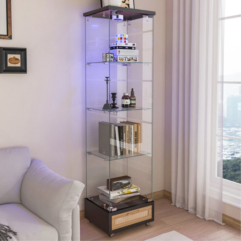 Modern Glass Display Cabinet With Drawer , Quick-Assembly Antique Cabinet With LED Lights, Tempered Glass Bookshelf,  1-Door Storage Case With 4 Shelves  For Living Room And Bedroom