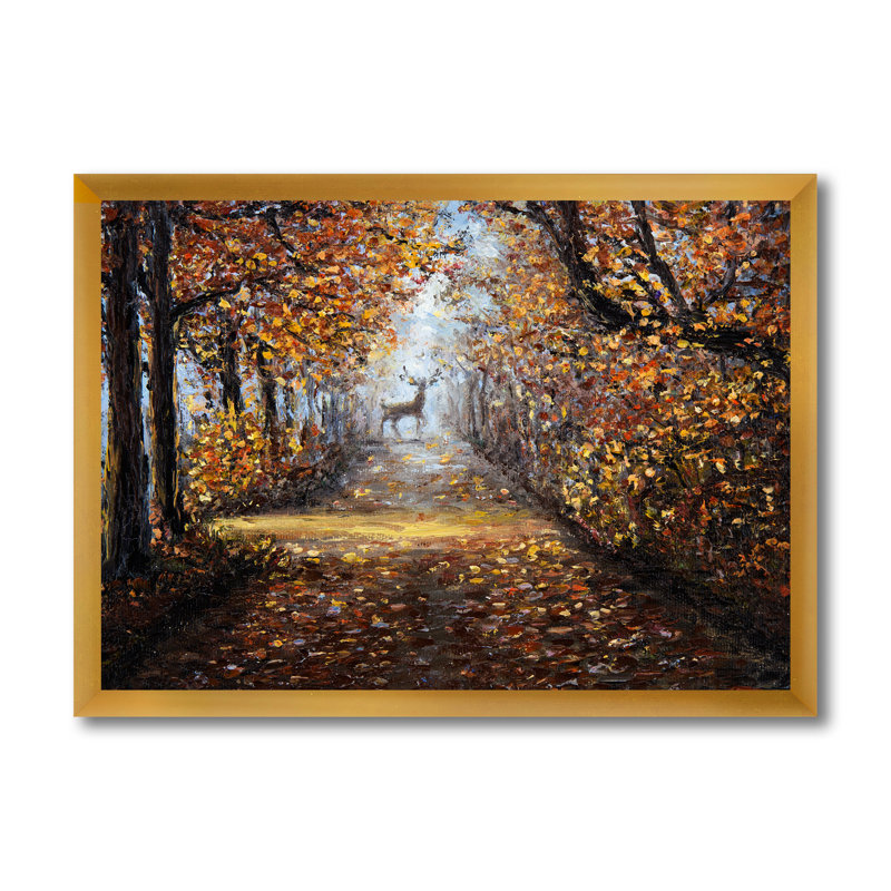Cerf dans le parc - peinture sur toile, H 16 po x l 32 po x p 1 po, Encadrement doré