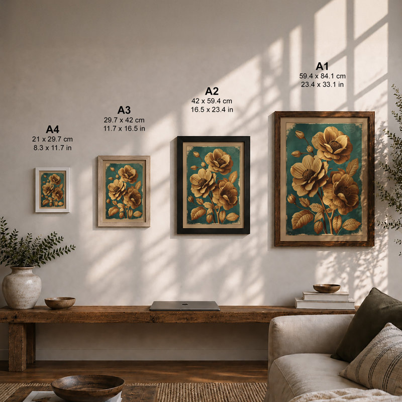 Golden Peonies Botanical - Framed Print, A1 - 84.1 x 59.4 cm, Walnut
