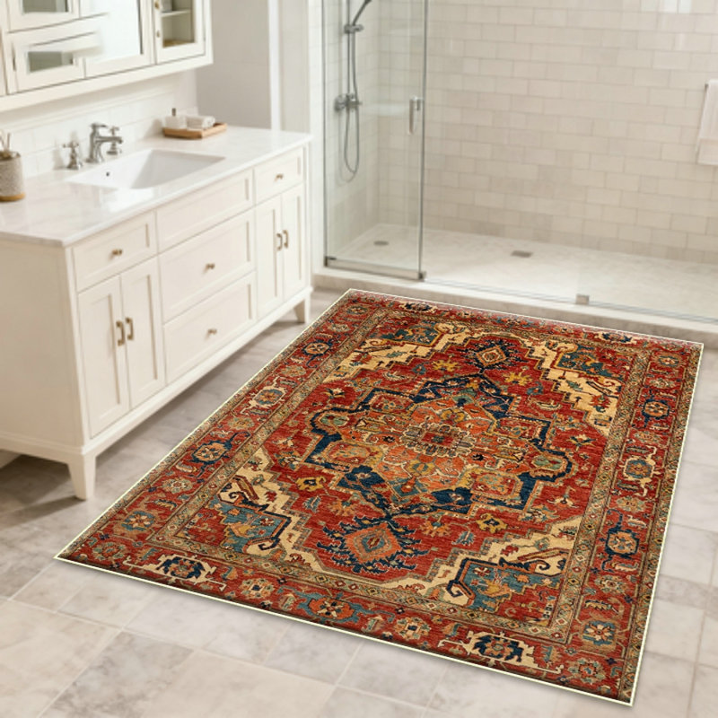 Large Area Rug for Living Room, Machine Washable Boho Rug for Bedroom, Low Pile Lightweight Thin Rugs Floral Vintage Distress Print Pattern Carpet for Dining Room, Red