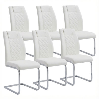 Ensemble de 6 chaises de salle à manger à haut dossier en cuir Pu avec pieds argentés pour les meubles de salle à manger et la cuisine (blanc)