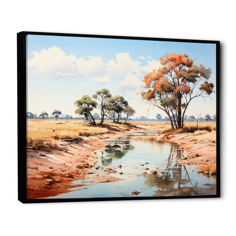 Paysage africain beige et vert sur toile, H 30 po x l 40 po x P 1,5 po, Cadre flottant noir