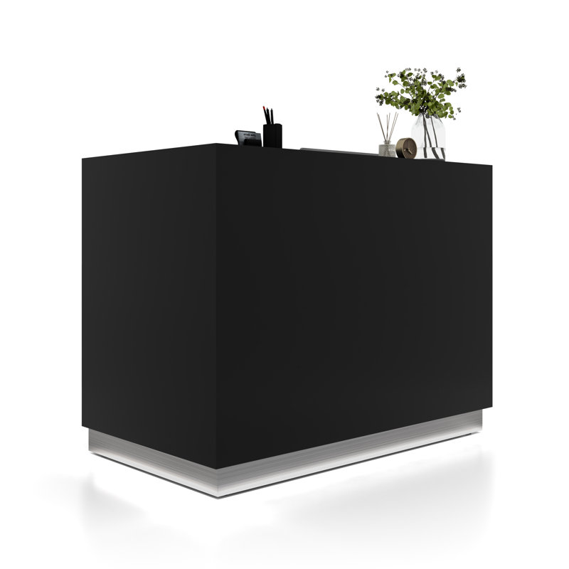 Bureau de réception rectangulaire moderne avec armoire verrouillable et base lumineuse, H 45,28 po x l 59,06 po x P 33,46 po
