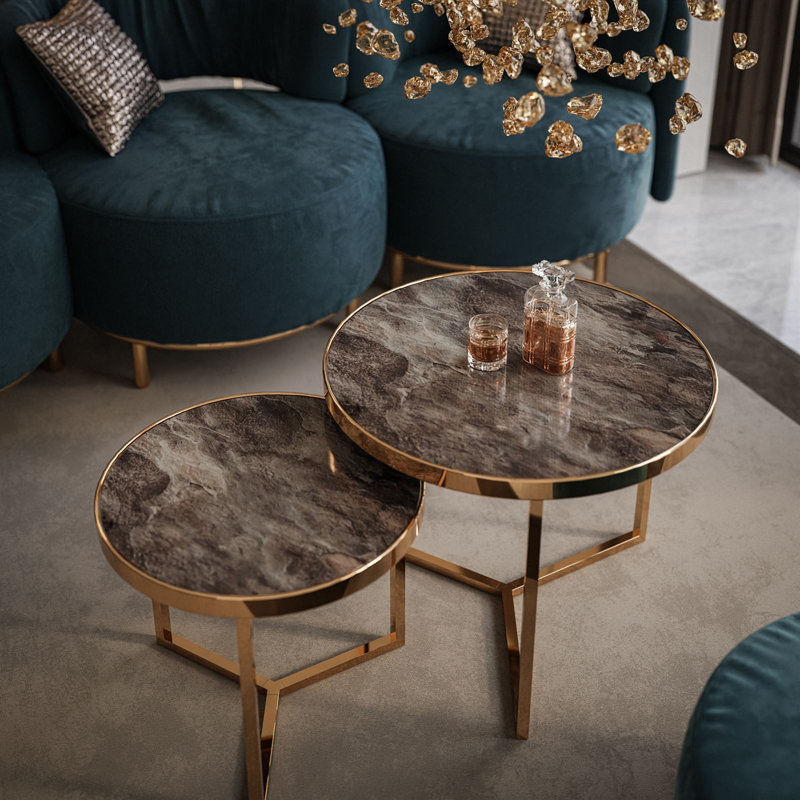Atsumi 2 Piece Coffee Table, Gold, Marmour