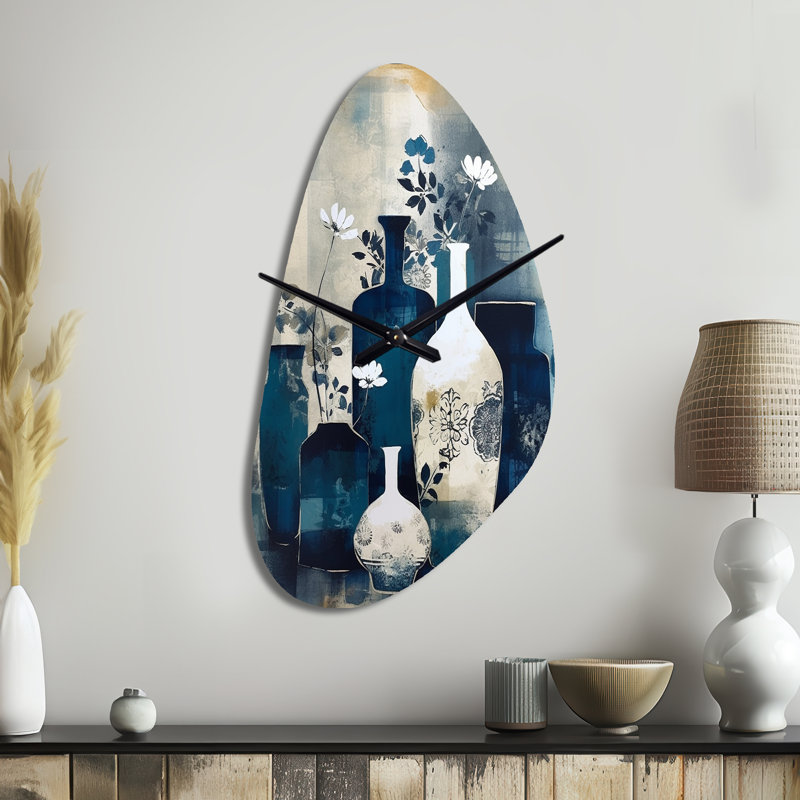 Horloge murale asymétrique en métal bleu et crème, Grand