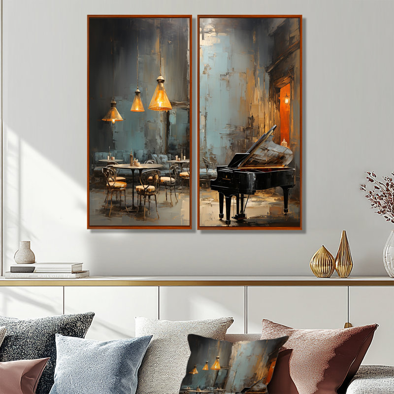 Art mural rétro sur toile, "Patao Sonata In Jazz Cafe III", 2 pièces, 20" H x 24" W, Impression encadrée flottante, Brown