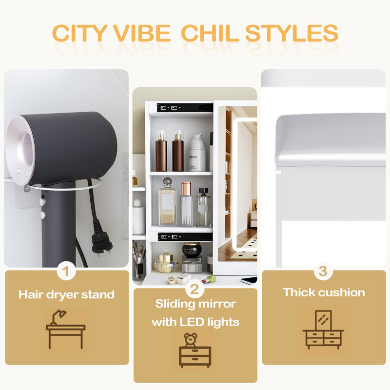 Ce meuble-lavabo moderne comprend 3 modes d'éclairage DEL à luminosité réglable, 4 tiroirs et plusieurs tablettes de rangement ouvertes, un porte-séchoir à cheveux et une prise de courant, et une chaise de coiffeuse