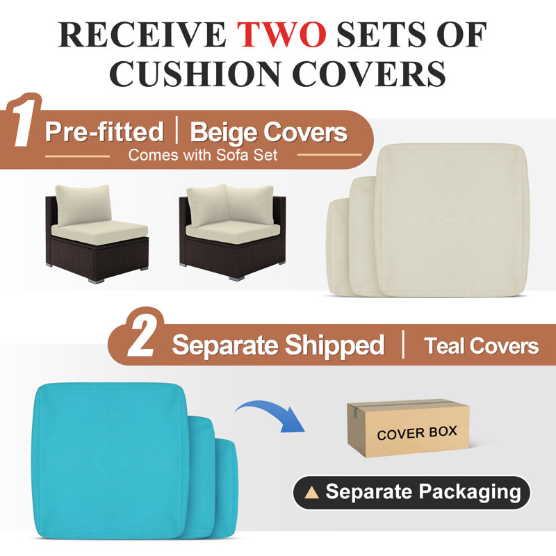7-Piece Outdoor Furniture Set with Fire Pit Patio Wicker Conversation Set Cushions, Espresso, Teal