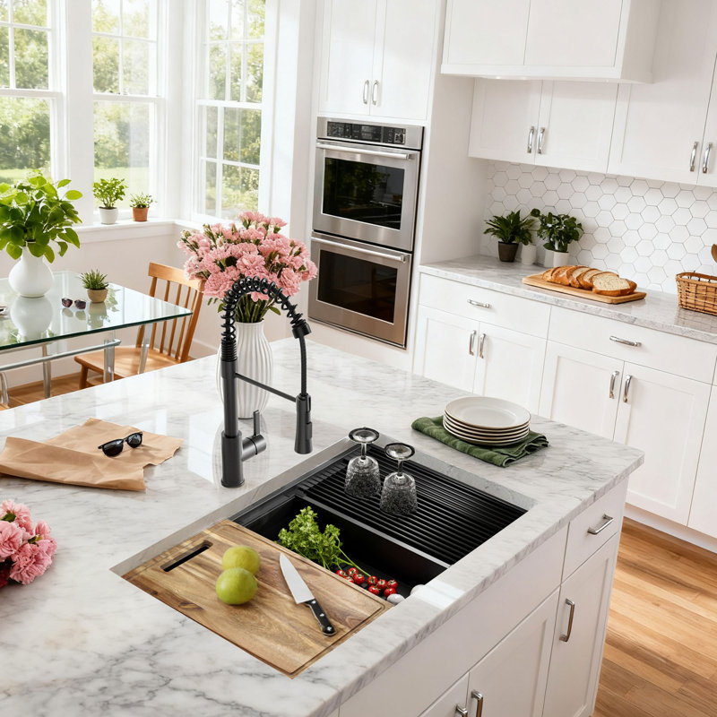 Évier de cuisine encastré 30 po en acier inoxydable de calibre 18 et cuve simple de 10 po de profondeur avec robinet escamotable et accessoires | Idée de cadeau