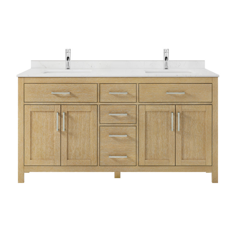 Beckett 66" Freestanding Double Bathroom Vanity with Cultured Marble Top, Whitewashed Oak, Brushed Nickel