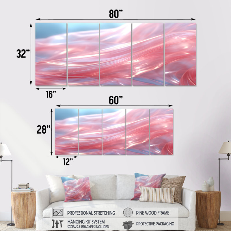 «Pink Waltz Whirl II - Abstract Geometric», art mural 5 pièces, H 32 po x l 80 po