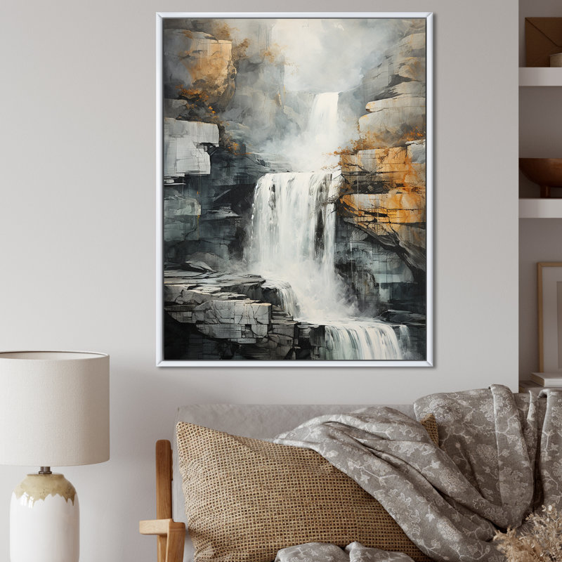 cascade falaise aventure - Art mural cascade pour le salon, Cadre flottant blanc, H 32 po x l 24 po x P 1 po