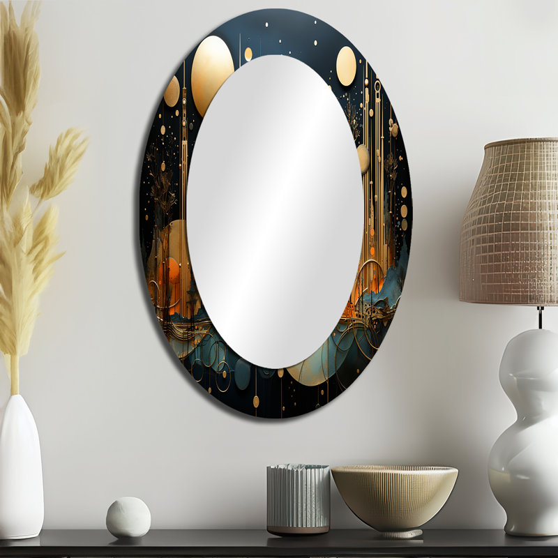 Collage Constellations I - Miroir décoratif ovale abstrait sur métal, 36 po x 24 po