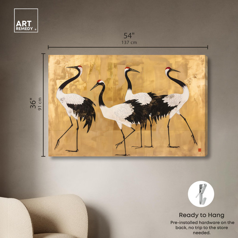 Oiseaux d'or, art rétro sur toile par , H 36 po x l 54 po, Toile tendue